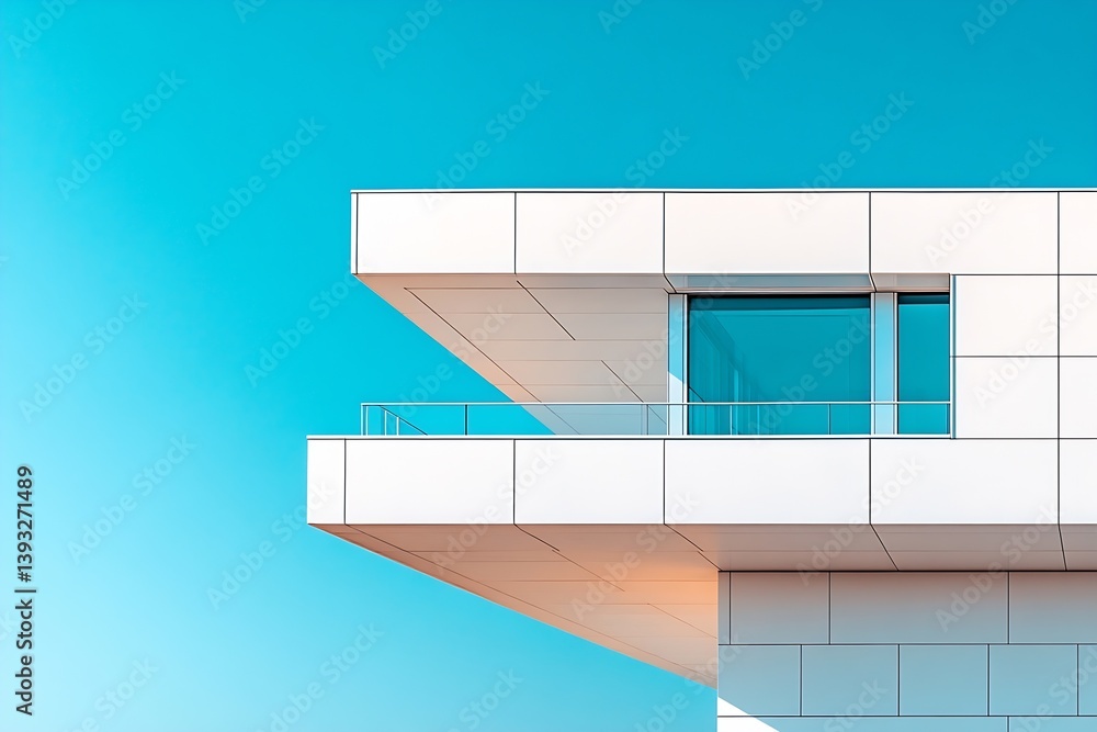 Poster modern white building architecture against bright blue sky minimalist design and clean lines exterio