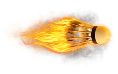 Fototapeta premium Flying badminton shuttlecock in flames with motion blur effect isolated on transparent background