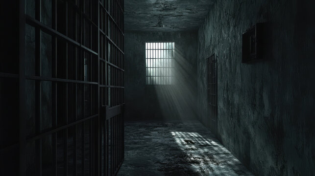 A dimly lit corridor with dark walls and a rusty barred window allows rays of sunlight to filter through. The atmosphere is eerie, evoking a sense of isolation and abandonment - Powered by Adobe