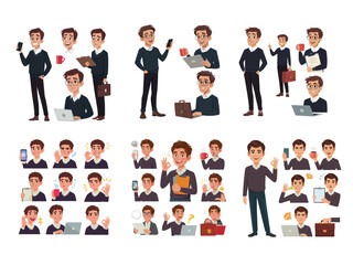 Business man cartoon character creation set. Young handsome smiling businessman in smart casual. Build your personal design - stock vector