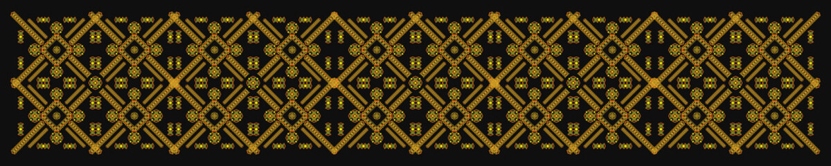 Ukrainian pattern. Ukrainian embroidery. Yellow patterns on a dark background. Wide background stripe