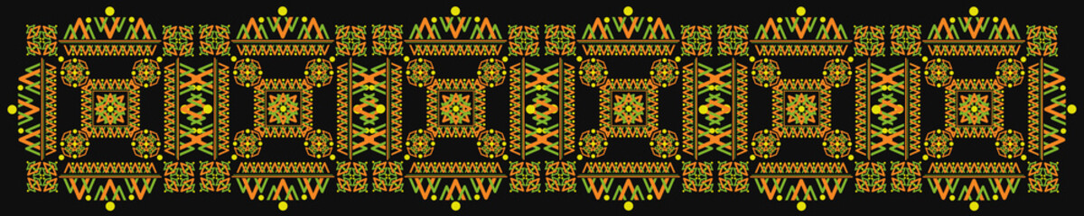 Ukrainian pattern. Ukrainian embroidery. Yellow patterns on a dark background. Wide background stripe