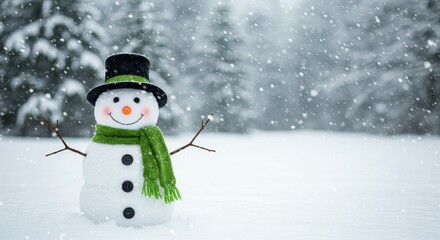 Fototapeta premium Winter Wonderland Snowman - A cheerful snowman in a snowy landscape symbolizes winter joy, holiday spirit, childlike wonder, festive cheer, and seasonal magic