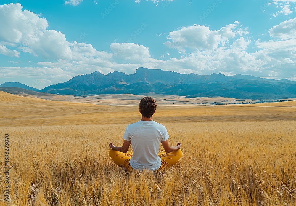Poster meditative figure in striking yellow pants seated in a golden field with breathtaking mountain backd