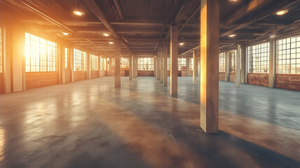Empty Industrial Warehouse at Sunset, Interior, Sunbeams