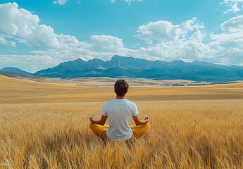 Meditative figure in striking yellow pants seated in a golden field with breathtaking mountain backdrop and wispy clouds : Generative AI