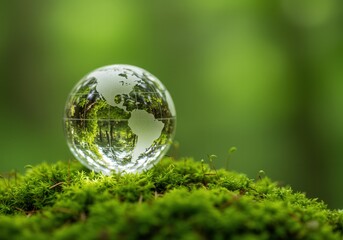 A glass globe rests on moss, reflecting a serene forest, symbolizing environmental consciousness.