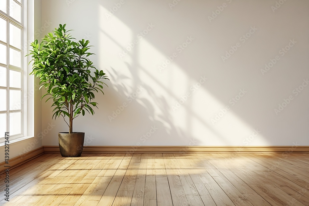 Poster sunlit empty room with potted plant near window ideal for interior design mockups and home staging c