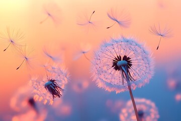Dreamy Dandelion Seed Heads Floating in a Warm Sunset Hued Sky Symbolizing Hope Wishes and the Beauty of Nature : Generative AI