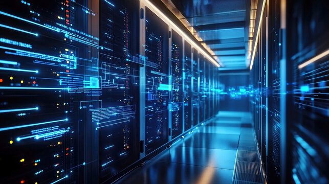 server room featuring holographic displays alongside physical servers