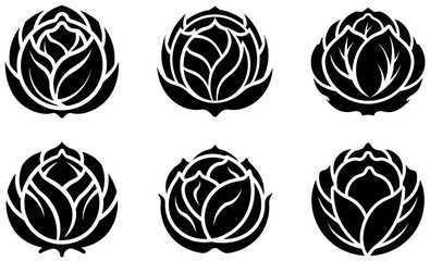 A collection of six black and white stylized flower silhouettes.