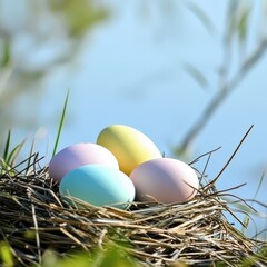Obraz premium Colorful eggs resting in a nest by a serene lake