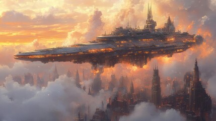 Floating city ship above a cityscape at sunset
