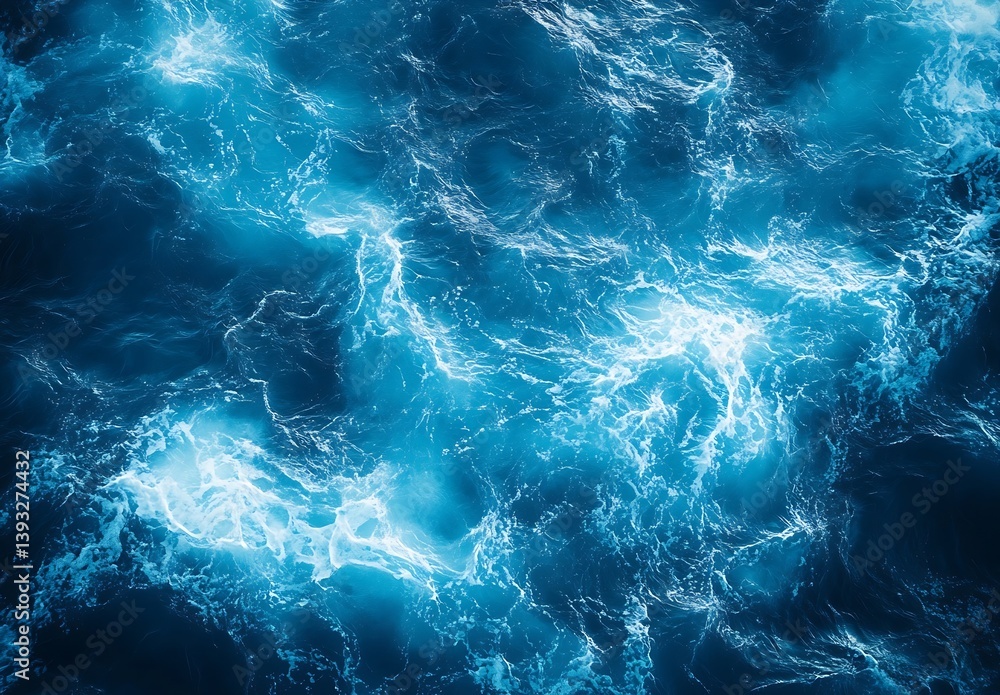 Poster aerial view of deep blue ocean water with white foaming waves and swirls creating a dynamic texture 
