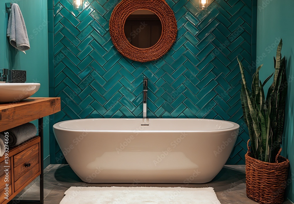 Leinwandbilder Stylish bathtub with a unique rustic wooden frame and lush greenery creating a serene oasis : Generative AI