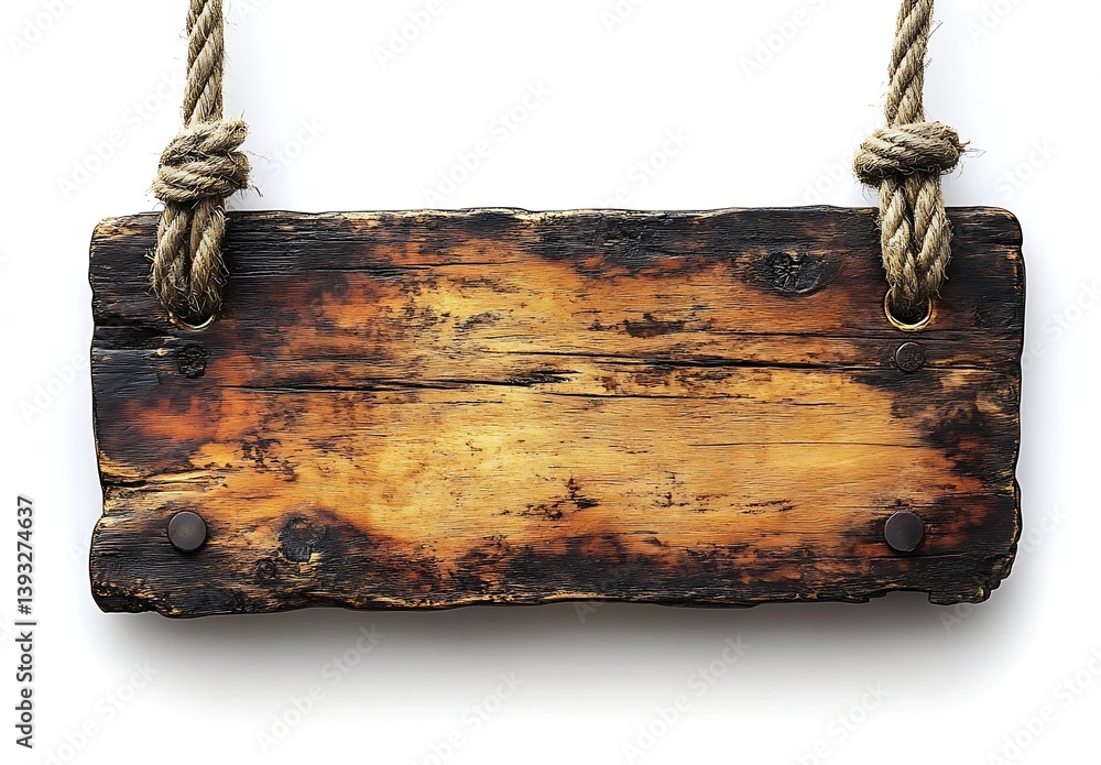 Poster Rustic Wood Sign Hanging by Rope Blank Wooden Plank for Text Distressed Texture Weathered Surface Isolated White Background : Generative AI