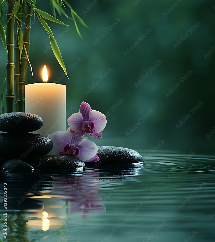 Poster charming and tranquil arrangement with glowing candle rocks and delicate orchids by the water : gene
