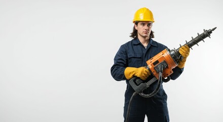 Naklejka premium Focused construction worker holding powerful drill against a clean white backdrop