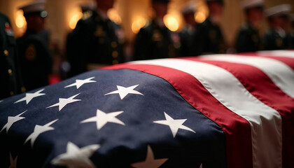 Veteran’s funeral with folded flag on coffin in military setting under dramatic lighting