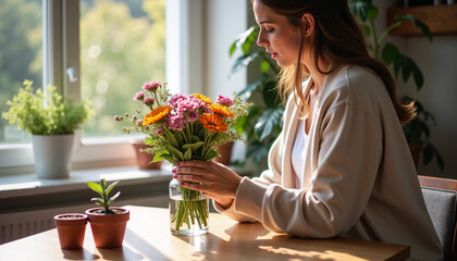 Woman arranging flowers for mental health benefits in cozy indoor space, self-care activity