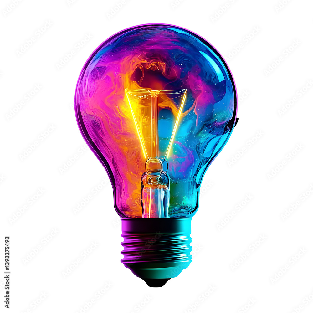 Poster a colorful glowing idea bulb lamp, isolated design element on transparent background, visualization 