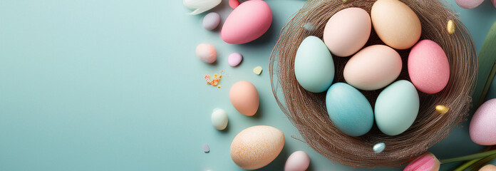 Obraz premium easter eggs spring flowers light pastel textured background