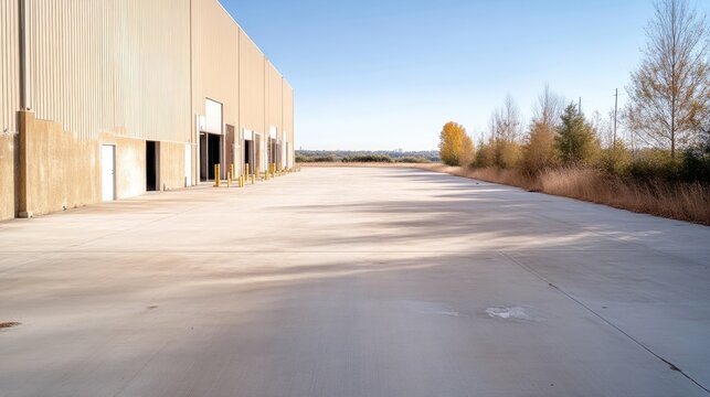 Empty industrial warehouse parking lot under a clear sky