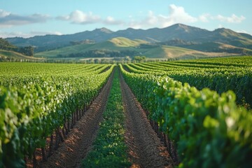 Lush vineyard rows stretch towards distant mountains under a vibrant sky