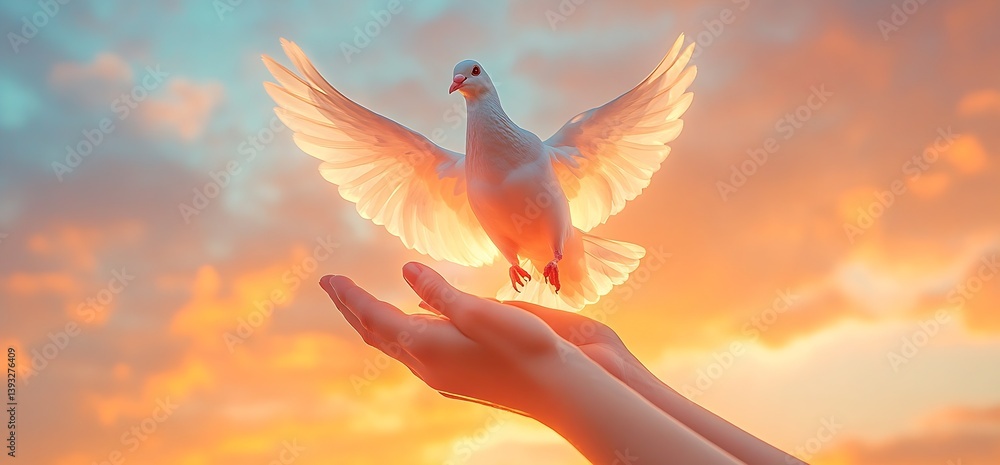 Poster dove in midflight above outstretched hands during an ethereal sunset representing hope and new begin