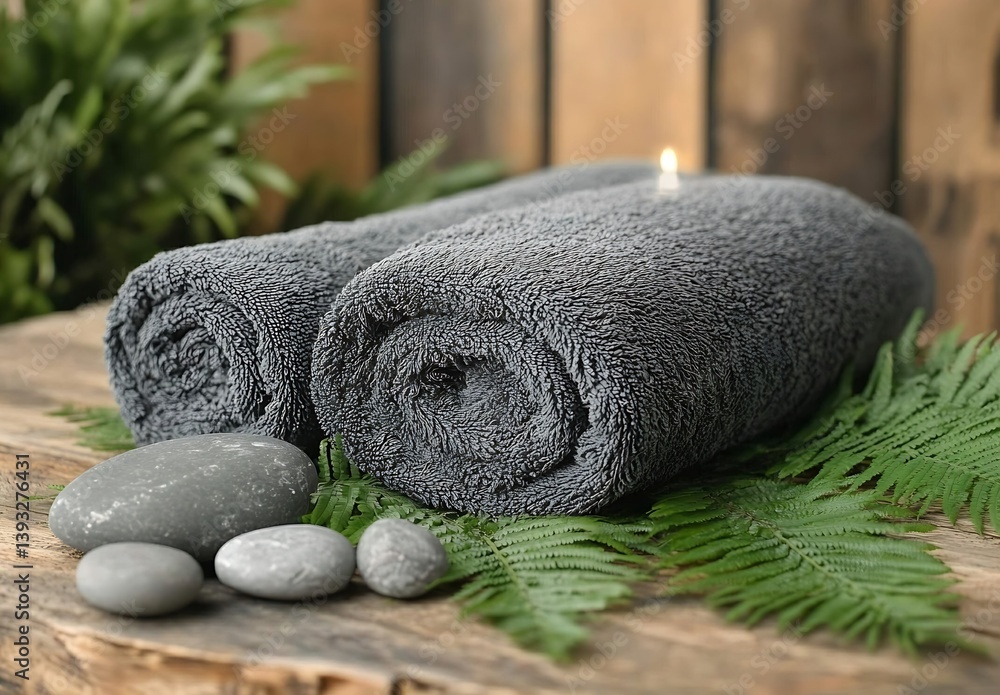 Poster rolled gray spa towels with ferns and stones on wooden table for relaxing wellness in nature concept