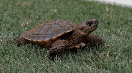 Obraz premium Close-up on turtles head emerging from shell while crawling across soft grass