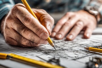 Extreme close-up of an architect's hands meticulously drawing on a blueprint with a yellow pencil, showcasing precise design and planning skills, watch visible.