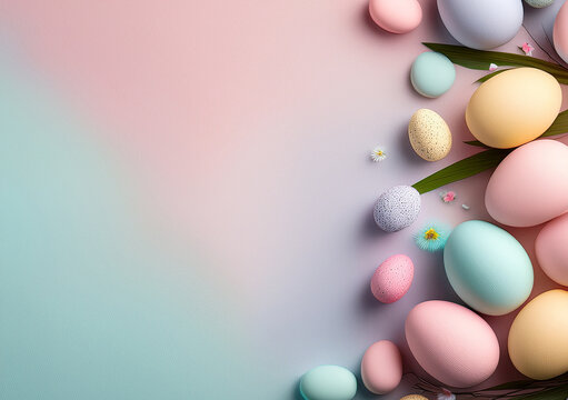 easter eggs spring flowers light pastel textured background	