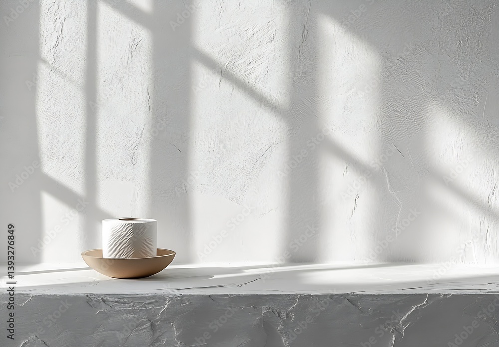 Poster minimalistic bathroom decor featuring a roll of toilet paper in a stylish bowl on a textured shelf :