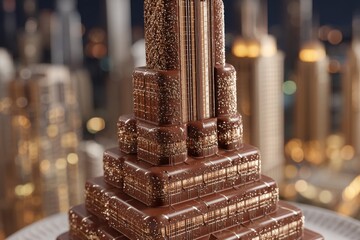 Detailed close-up of a chocolate sculpture of a skyscraper, adorned with golden sprinkles, against a blurred city lights background, showcasing craftsmanship and dessert artistry.
