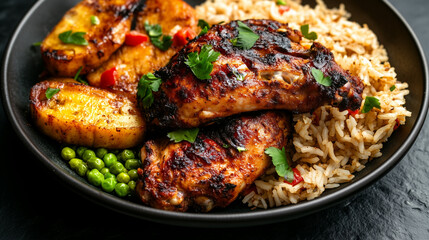 Spicy grilled chicken legs with traditional Jamaican side dishes, creating a vibrant and flavorful culinary experience