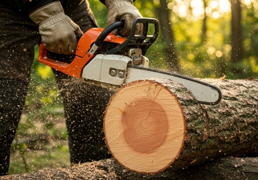Man sawing log with chainsaw in forest, creating sawdust particles in the warm evening light, hard work for lumber industry or firewood preparation concept