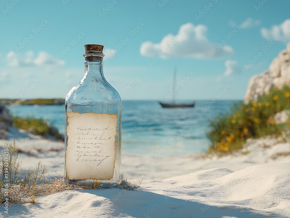 Poster Glass bottle with a message on the beach with serene water and soft clouds in the background : Generative AI