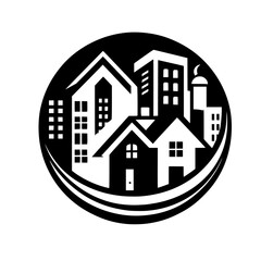 Minimalist Black & White Cityscape Logo Within a Circle
