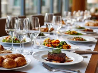 Elegant dining setup featuring gourmet dishes and fine wine glasses in a modern restaurant setting