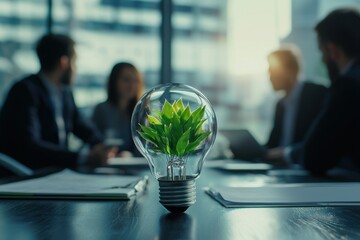 Fototapeta premium Light Bulb with Green Plant Symbolizing Eco-Friendly Solutions in Office