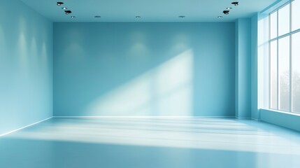 Empty light blue room with large window and spotlights.