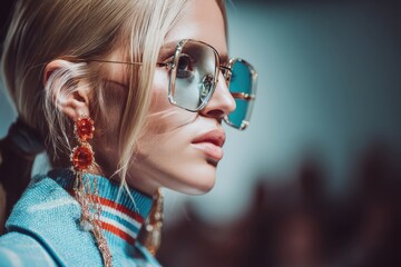 A stunningly fashionable young woman with blonde hair wearing designer sunglasses and earrings, demonstrating elegance and style in a studio setting.