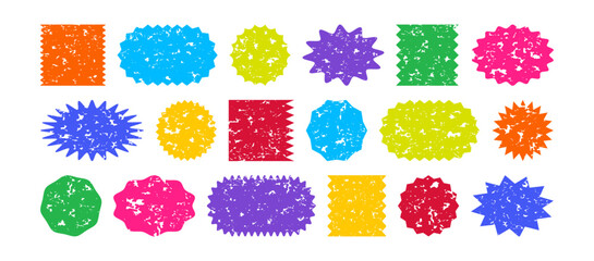 Sticker shape starburst, stamp crayon wave edge, star burst label colorful chalk, sale price tag icon, sun grunge badge, discount sketch curve set. Watercolor zigzag banner. Vector wax illustration