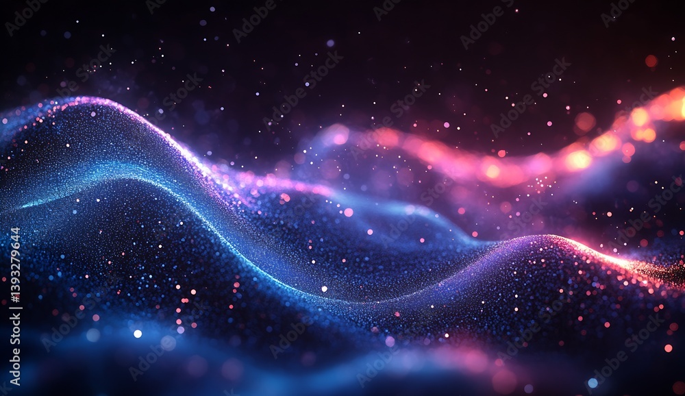 Poster captivating visual of flowing waves with shimmering colors and a cosmic sparkle in an imaginative sc