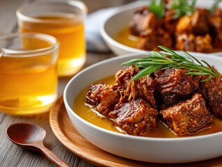 Savory slow-cooked meat served with aromatic herbs alongside glasses of warm beverage in a cozy setting