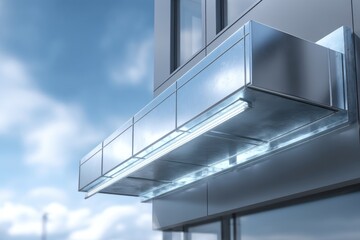 Fototapeta premium A modern architectural detail showcasing a sleek metal canopy illuminated with bright linear lights, contrasting with a vibrant blue sky backdrop, showcasing contemporary design.