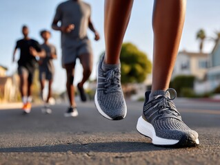 Group of runners training together on a sunny street during early morning hours