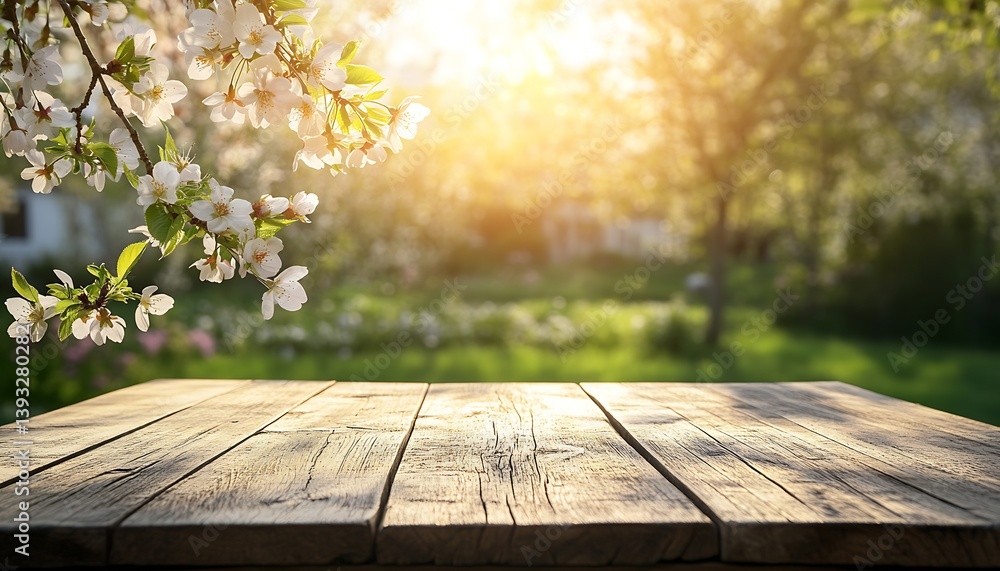 Aufkleber Beautiful sunlight filtering through blooming branches creating an inviting atmosphere on a wooden table : Generative AI