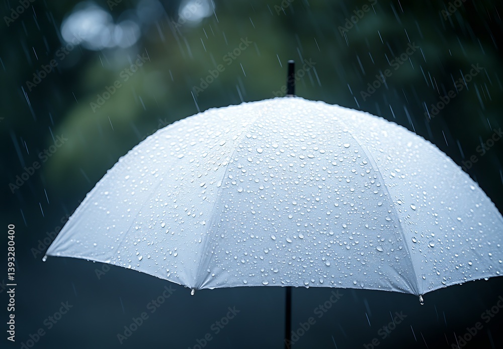 Poster close view of a white umbrella with water droplets during a gentle rain : generative ai